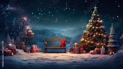 Decoration with a bench and christmas tree with red and golden garlands close to xmas gifts in red boxes with snowy flakes at twilight , Generative AI illustration photo