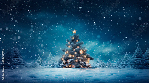 Illuminated christmas tree into the forest in on a snowy night in cold blue tones at twilight, Generative AI illustration