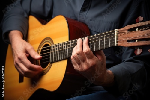 close-up of fingers strumming an acoustic guitar