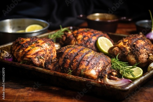 jamaican jerk chicken on a metal tray photo