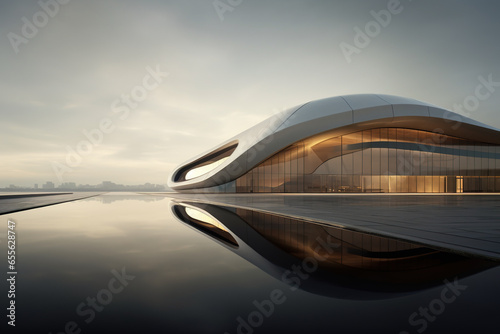 Streamlined silver and gold elements science fiction building exterior design