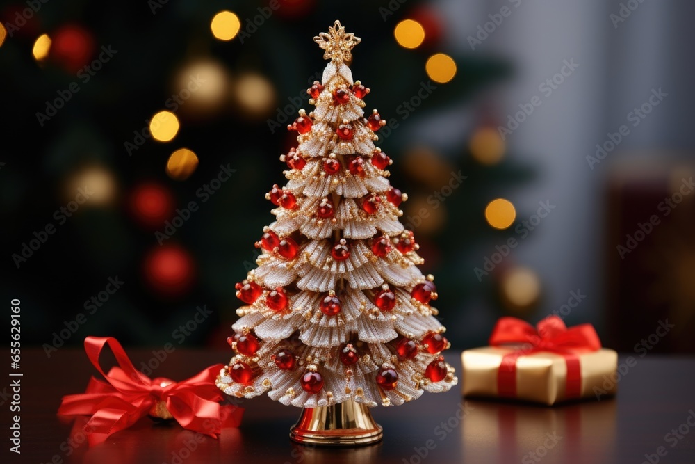 miniature christmas tree decorated with red bows and golden beads