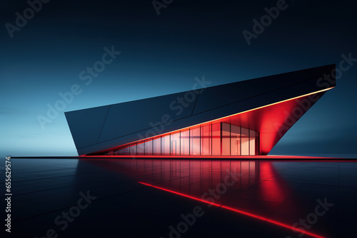 Dark wall and red windows modern polygon style cube shape building exterior