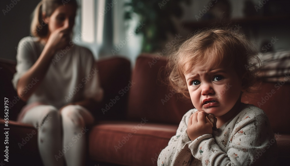 Tired Mother Suffering from experiencing postnatal depression. Health care single mom motherhood stressful. Child cries with depressed mother on the background copy space Tired Mother Suffering from experiencing postnatal depression. Health care single mom motherhood stressful. Child cries with depressed mother on the background copy space