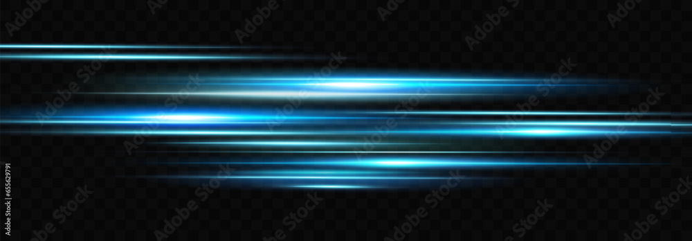 Light effect of neon lines movement.Horizontal lines. Speed ​​effect on a transparent background.lines of light, speed and movement. - obrazy, fototapety, plakaty 