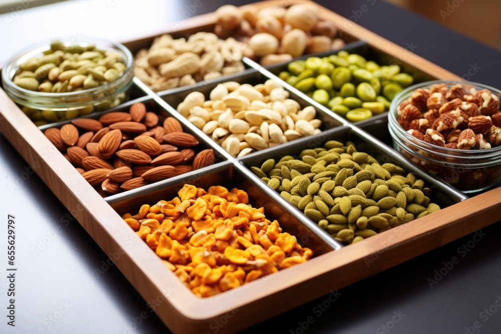 several types of raw nuts and seeds on a tray