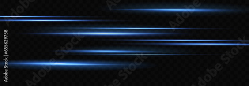 Light effect of neon lines movement.Horizontal lines. Speed ​​effect on a transparent background.lines of light, speed and movement.