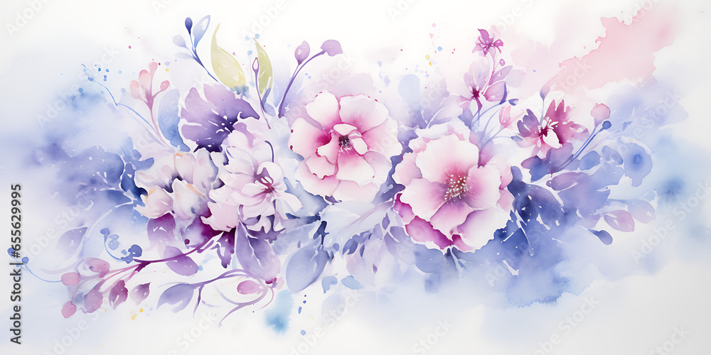 A gentle pastel flower and leaves watercolor wash featuring soft hues of pink, blue, and lavender with offers a soothing and artistic touch, perfect for creative projects