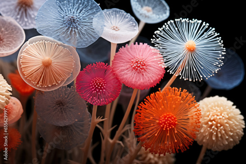 Intricate extreme close-up images of fungal spores under microscope  photo