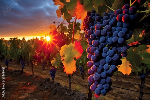 Sundown glows on vineyard's ripe grapes. Generative AI
