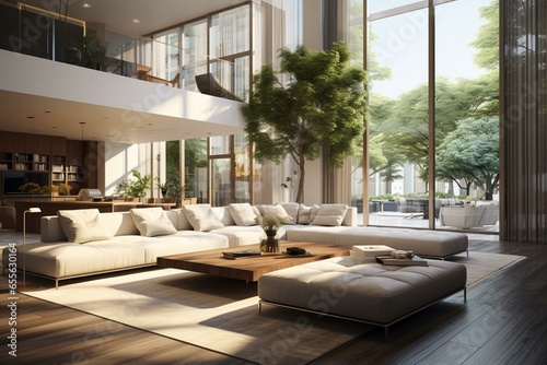 Spacious contemporary indoor living area exuding luxury, featuring ample natural light and modern furnishings with air conditioning. Artistic 3D visualization. Generative AI © Hezekiah