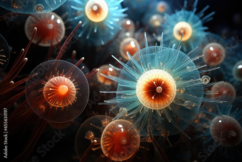 Intricate ultra-magnified visualization of marine plankton species under microscope 