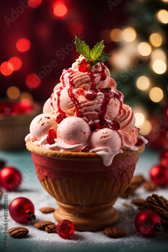 a very delicious christmas strawberry ice cream with dreamy red bokeh background and christmas decoration