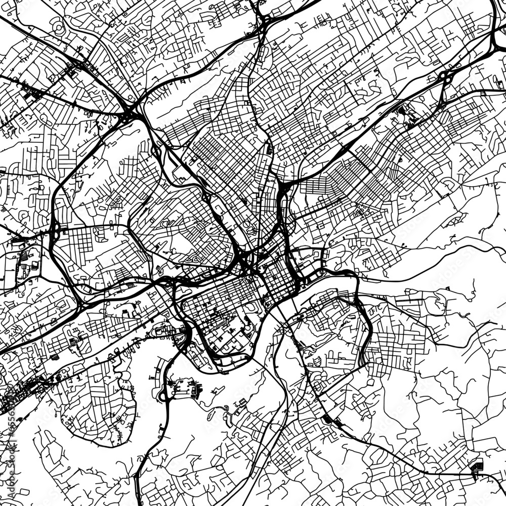 Naklejka premium 1:1 square aspect ratio vector road map of the city of Knoxville Tennessee in the United States of America with black roads on a white background.