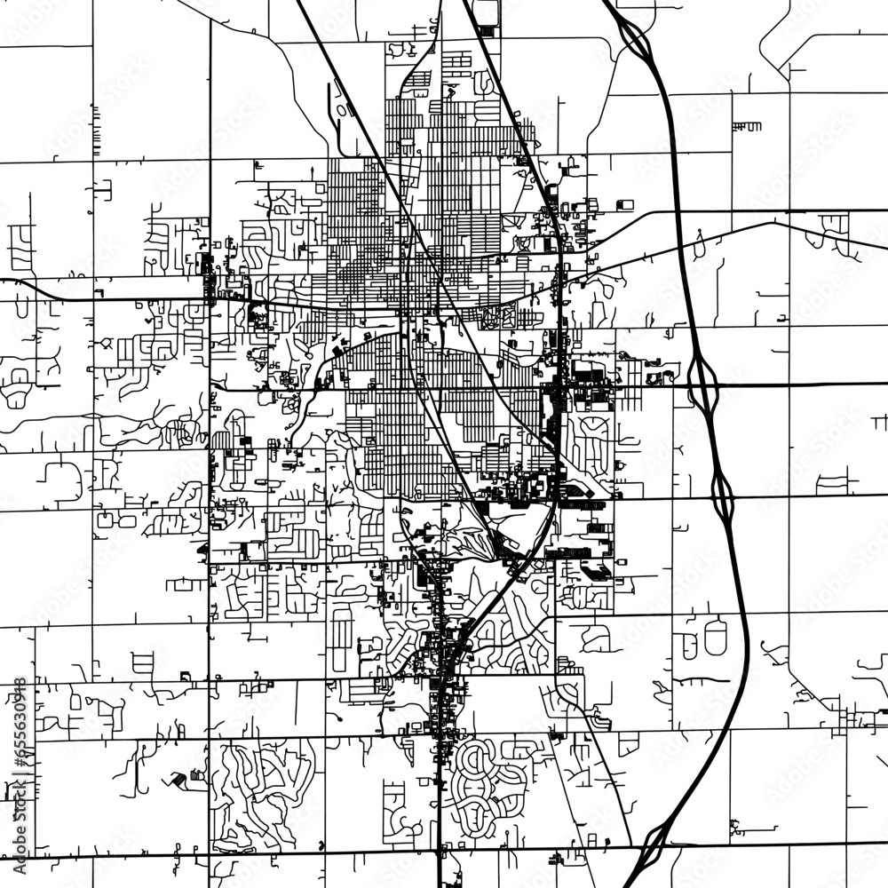 1:1 square aspect ratio vector road map of the city of  Kokomo Indiana in the United States of America with black roads on a white background.