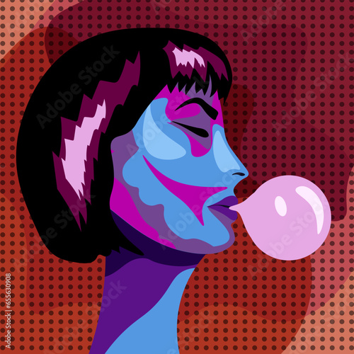 Cartoon female portrait with bubble gum in retro Halftone Y2K style. Colorful vintage Popster cover with grunge Woman artwork. Vector illustration. Design t-shirt print in groovy style.