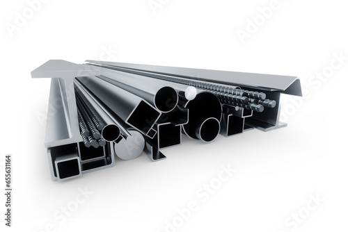 Large assortment of rolled metal, rolled metal products isolated on a white background. Concept for metal sales, metallurgical industry, metal profile. 3D illustration, 3D render.