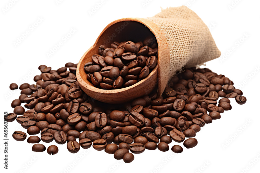 Fototapeta premium A scoop of coffee beans and a bag with coffee beans isolated on a white background PNG