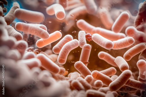 Ultra-close macro view of probiotic bacteria teeming in the human gut  photo