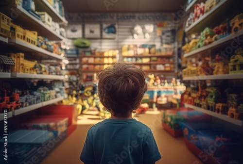 Child toy store back. Adult choosing. Generate Ai