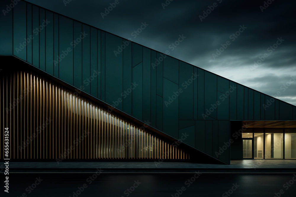 Dark green and wooden striped wall modern style building exterior Dark green and wooden striped wall modern style building exterior