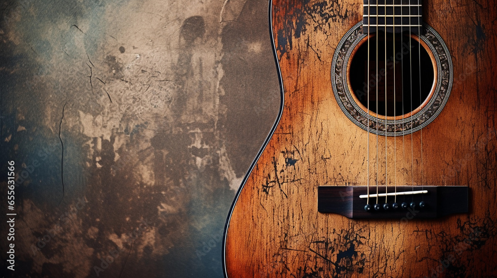 Obraz premium A close-up shot of an acoustic guitar's body and soundhole with space for text, revealing its intricate details, against a textured, aged backdrop. AI generated