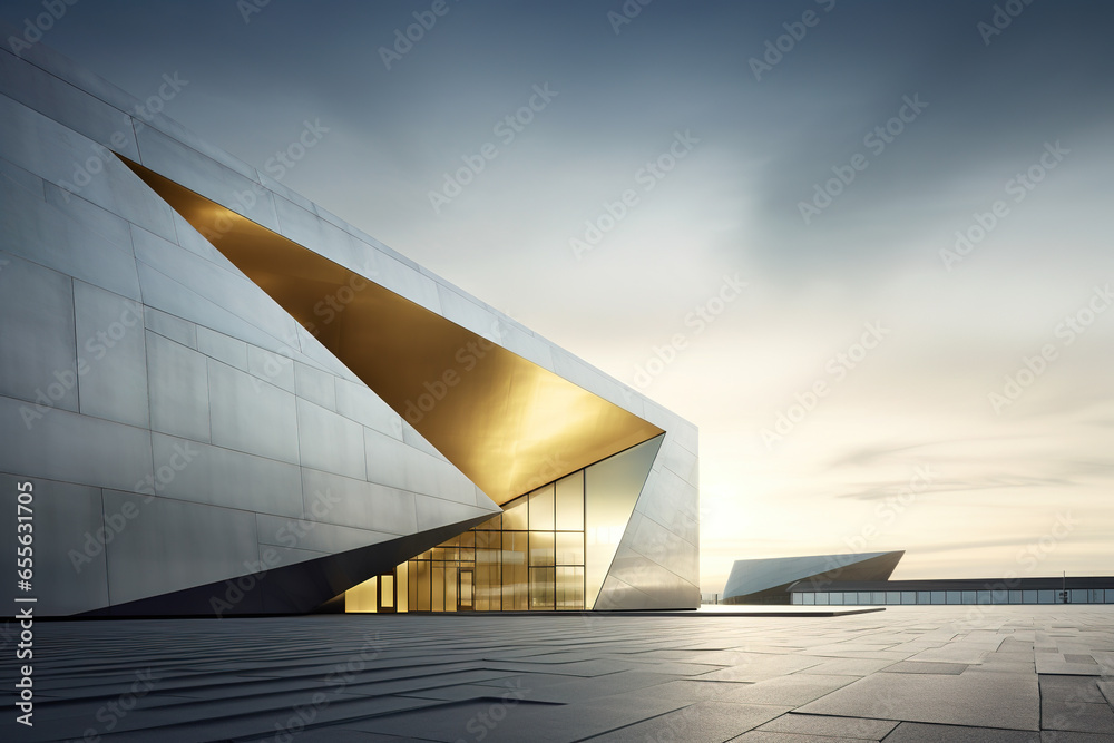 Naklejka premium Modern polygon shape silver and gold building exterior design
