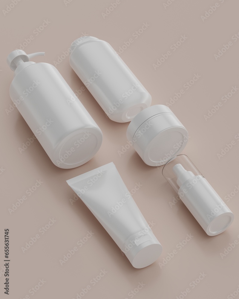 The plain white packaging of a series of skincare products with beige background in flat lay position viewed from side top for mockup, consisting of a pump, spray, tube, and pot or jar. 3D rendering The plain white packaging of a series of skincare products with beige background in flat lay position viewed from side top for mockup, consisting of a pump, spray, tube, and pot or jar. 3D rendering