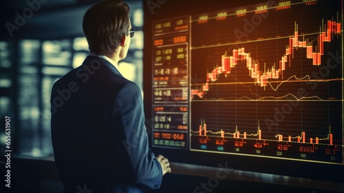 Businessman with a stocks market graph on screen background. 3d AI generated image