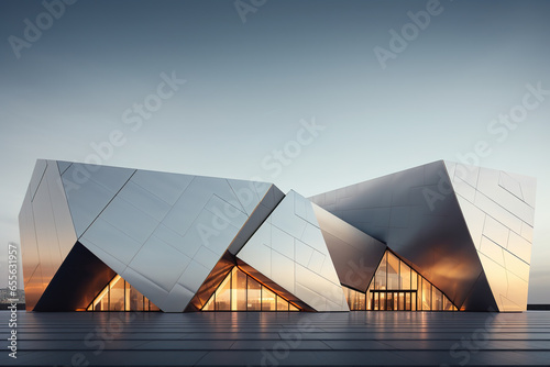 Abstract polygon shape steel and warm light building exterior design