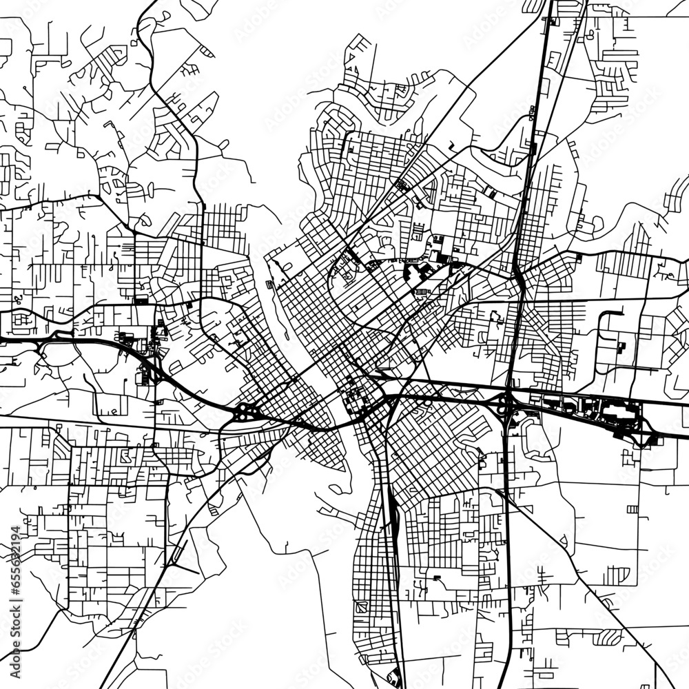 1:1 square aspect ratio vector road map of the city of  Monroe Louisiana in the United States of America with black roads on a white background.
