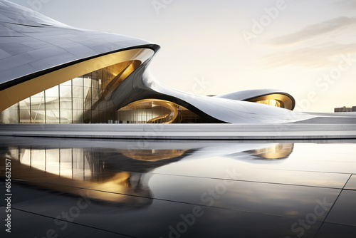 Streamlined steel and gold elements science fiction building exterior design © jamesteohart