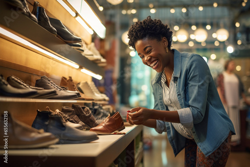Smiling African American woman choosing shoes in a store photo