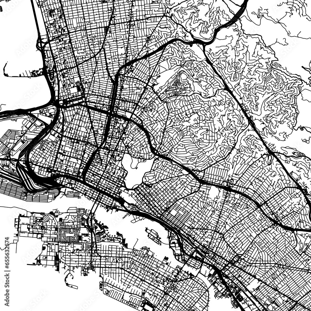 1:1 square aspect ratio vector road map of the city of  Oakland California in the United States of America with black roads on a white background.