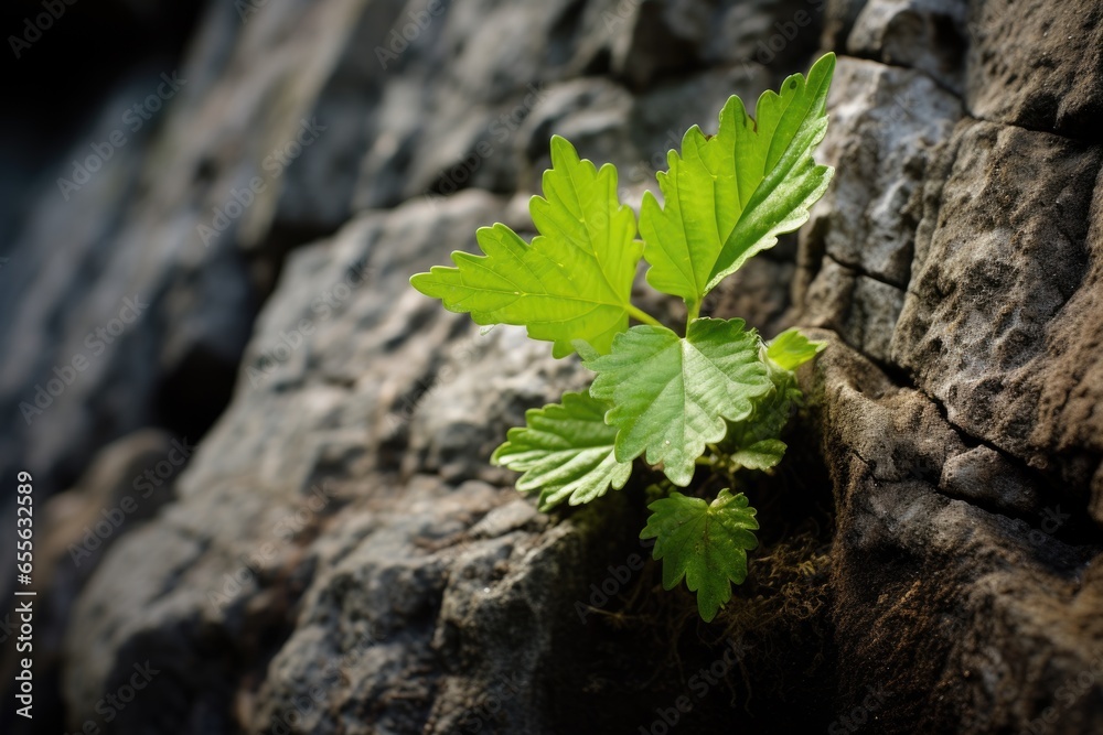 a plant growing in a tiny pocket of soil in a rock wall