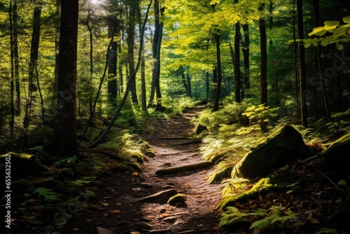 a trail in the forest with sunlight filtering through leaves