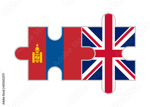 puzzle pieces of mongolia and british flags. vector illustration isolated on white background