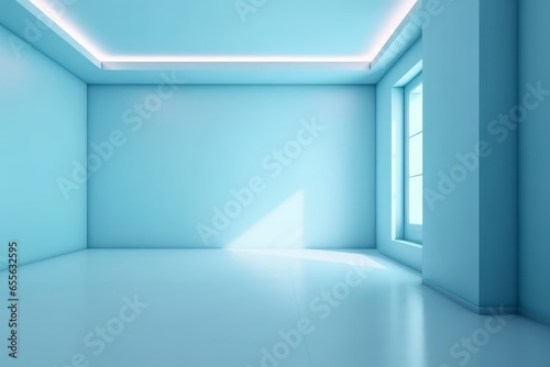 An empty room with a bright blue ceiling