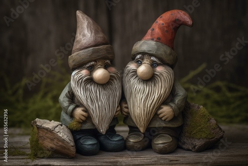 Illustration of two gnomes holding a heart made of wood. Generative AI