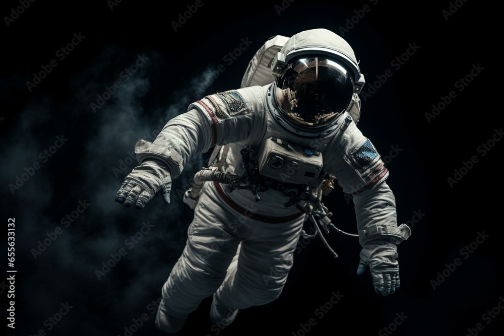Astronaut floating, weightless, exploring outer space in darkness. Generative AI