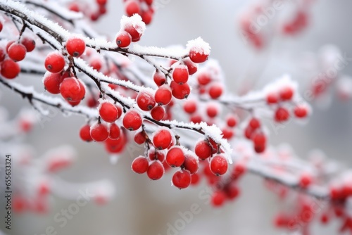 winter berries on a frosty shrub against a snowy backdrop
