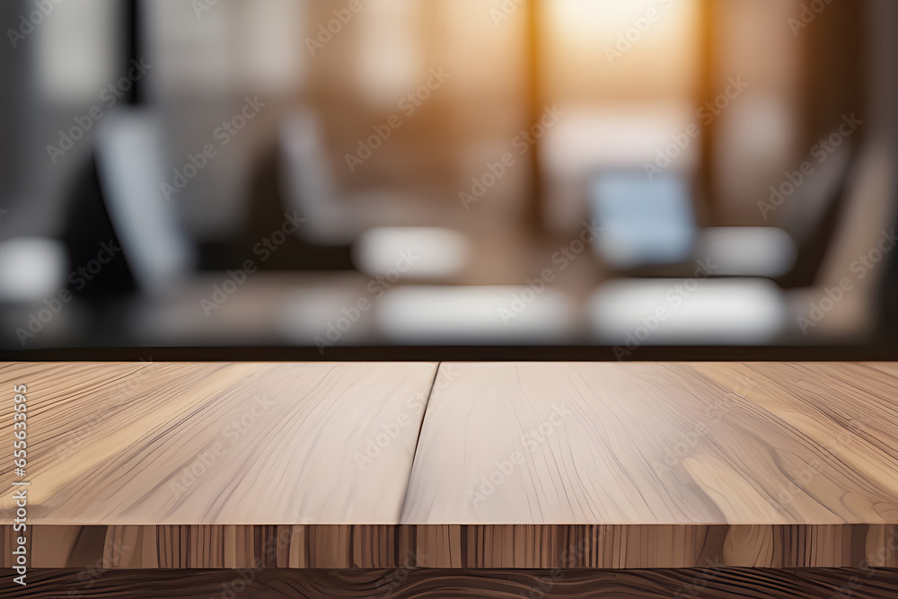 Wood table product presentation with office background