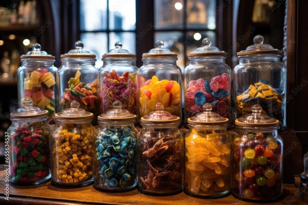 assorted candies in glass jars at a family-run sweet shop assorted candies in glass jars at a family-run sweet shop