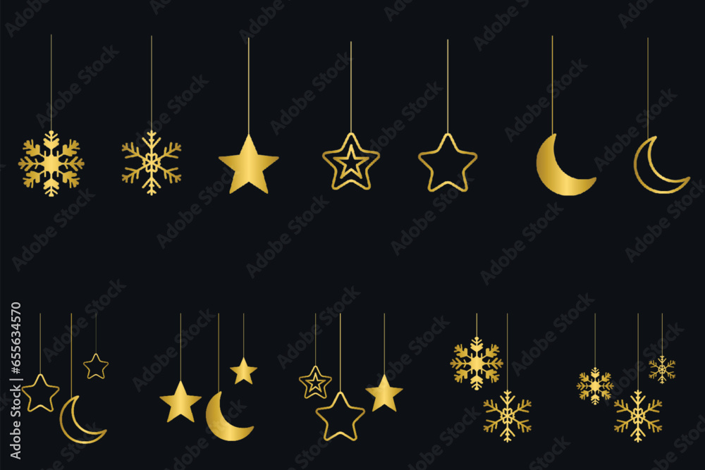 Set of golden hanging festive decoration, gold hanging decorative items Set of golden hanging festive decoration, gold hanging decorative items
