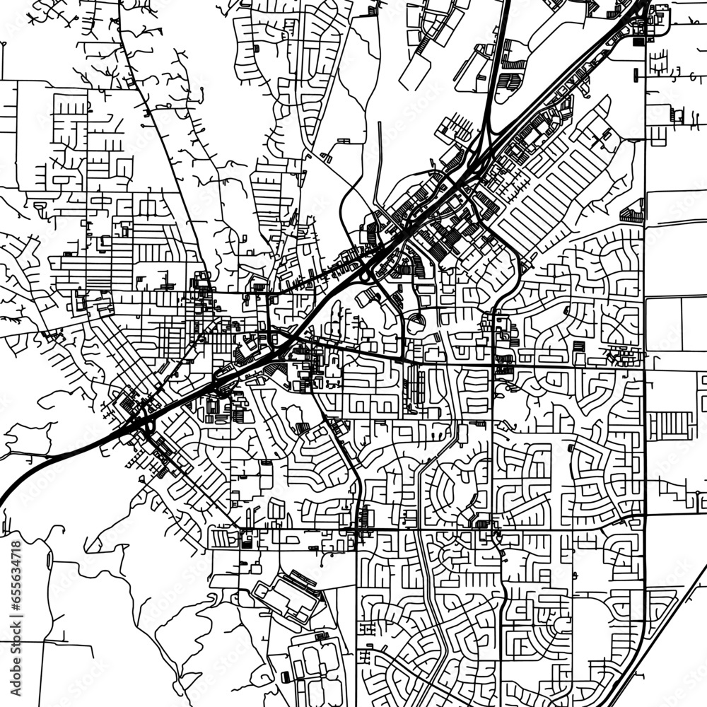 1:1 square aspect ratio vector road map of the city of  Vacaville California in the United States of America with black roads on a white background.