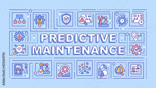 Predictive maintenance text with various thin linear icons concept on blue monochromatic background, editable 2D vector illustration.