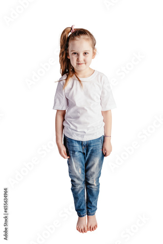 Happy girl, a child full body portrait isolated on transparent white background.