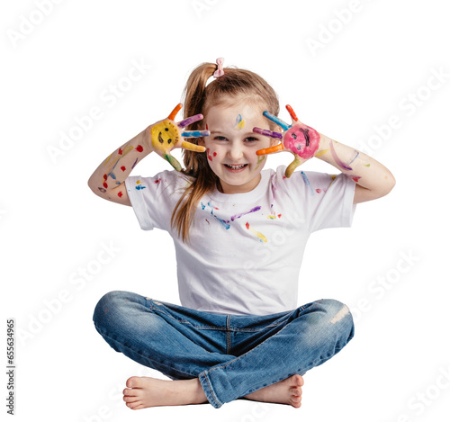 Fototapeta Naklejka Na Ścianę i Meble -  Happy girl, a creative child playing with paint, isolated on transparent white background