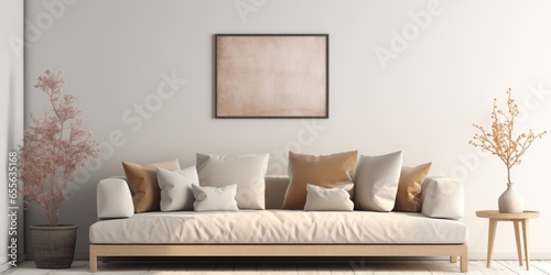 The Rustic Interior Design Of A Modern Living Room Features A Beige Fabric Sofa And Cushions Against A White Wall With A Frame And Space For Text . Сoncept Rustic Interior Design, Modern Living Room