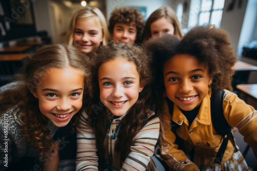 Youth and education. Happy student, pupil friendship concept. Multiracial classmate friends sitting together, diverse school class room. Generation z girl friends having fun social gathering inside